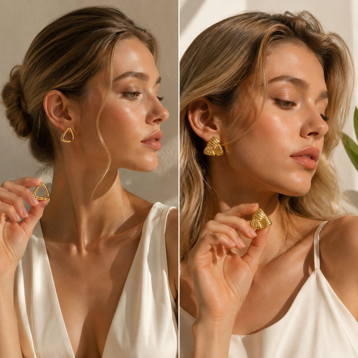 Wholesale titanium steel striped geometric stud earrings,  triangle 18k gold openwork earrings,  stainless steel earrings