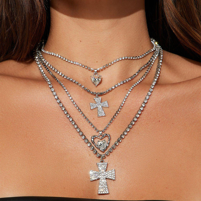Wholesale New Fashion Alloy Love Necklace Multi layer Stacked Cross Necklace Light Luxury Niche Jewelry