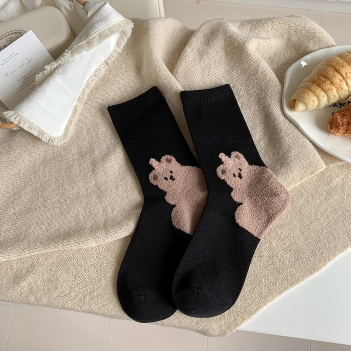 Wholesale Socks Women's Autumn and Winter One Boneless Cotton Cartoon Mid-length Socks Sweat-absorbent Stockings Bear Long Socks All-match