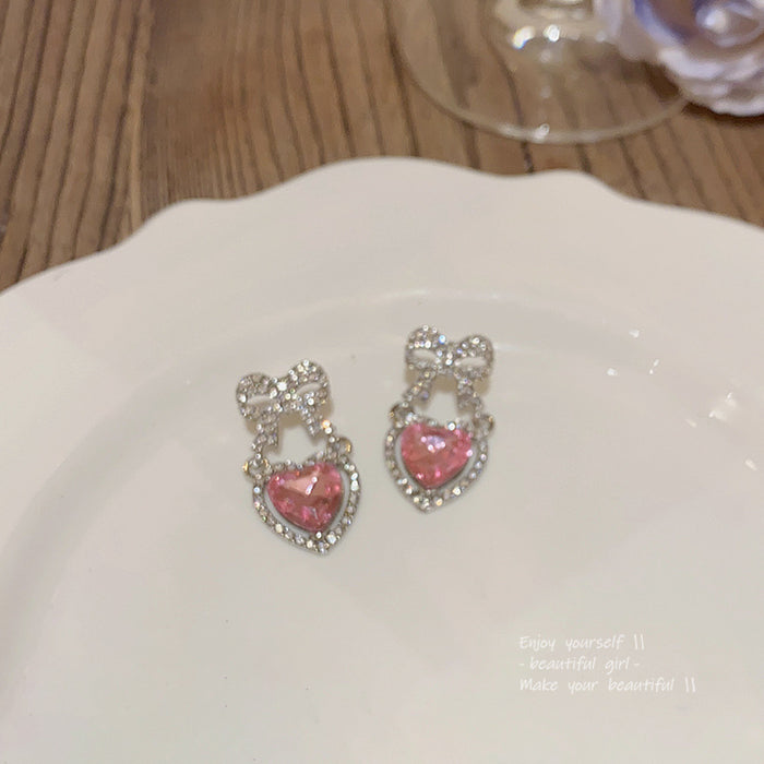 Wholesale Pink Zircon Heart Diamond Bow Tie Alloy Earrings JDC-ES-HanJ009