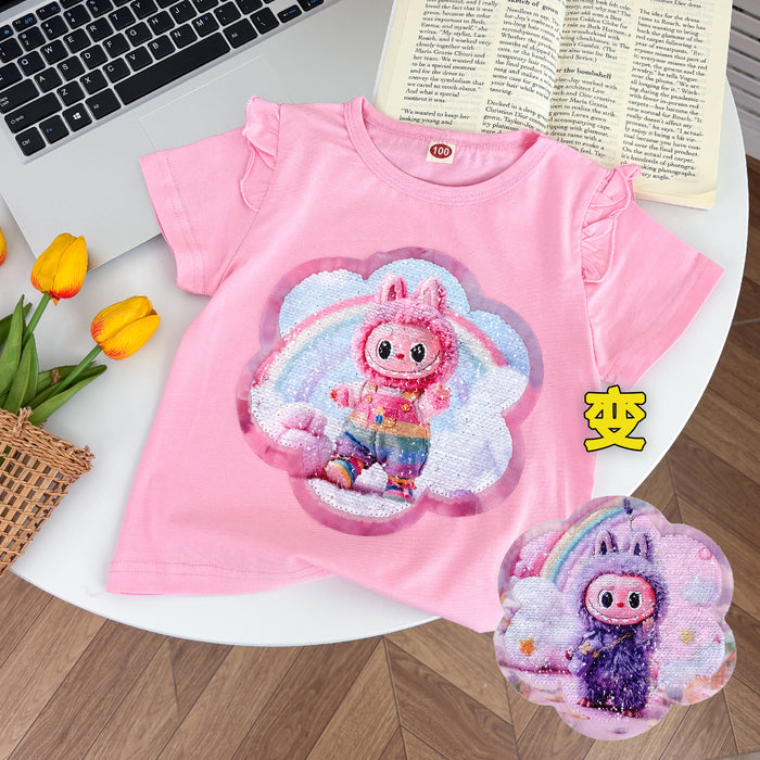 Wholesale New summer children' s clothing for girls,  double-sided color-changing sequined short-sleeved T-shirt with cartoon bottoming shirt