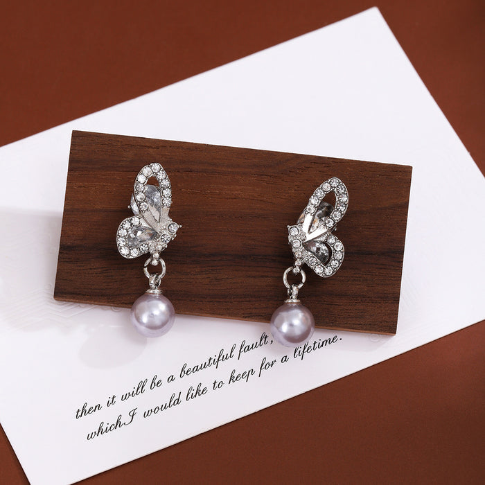 Wholesale Silver Butterfly Tassel Earrings High-end Earrings Elegant Diamond Pearl Long Earrings