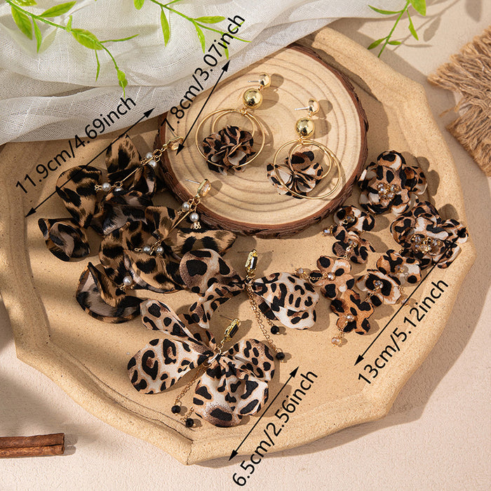 Wholesale Tassel multi-layer fabric leopard print flower earrings retro European and American style petal earrings niche design velvet flower earrings