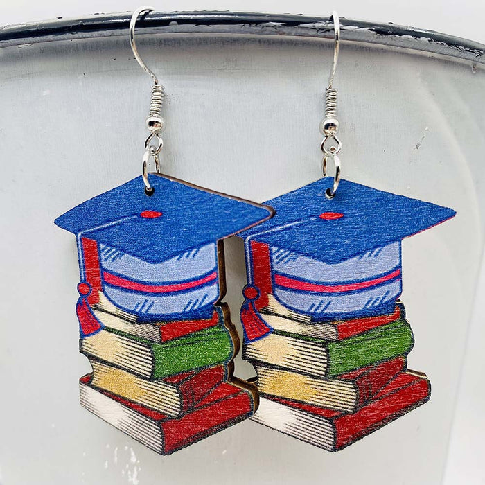 Wholesale Graduation Season Letter Pencil Book Print Wooden Earrings JDC-ES-Chengy034