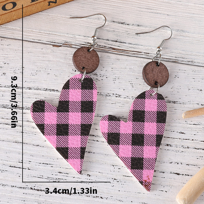 Wholesale  Valentine' s Day Plaid Love Pieces ing Pendant Earrings PU Leather Wooden ing Double-sided Earrings
