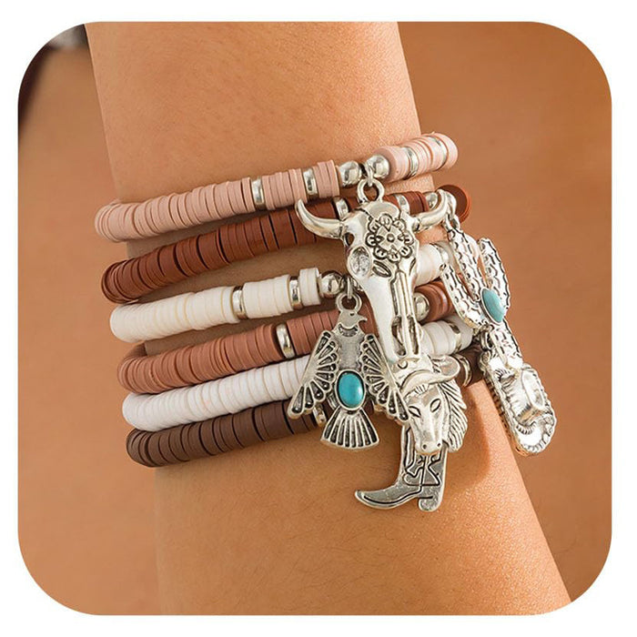 Wholesale Retro Multi-Layered Soft y Bracelet Cowboy Hat Bohemian Stacked Bracelet Bull Head Cactus Turquoise Bracelet