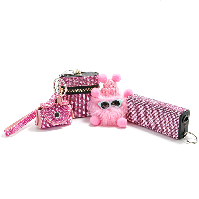 Wholesale European Style 4 Piece Rhinestone Keychain Set With Plush Pendant Coin Purse Earbud Bag White Decorative Charms For Everyday Resale
