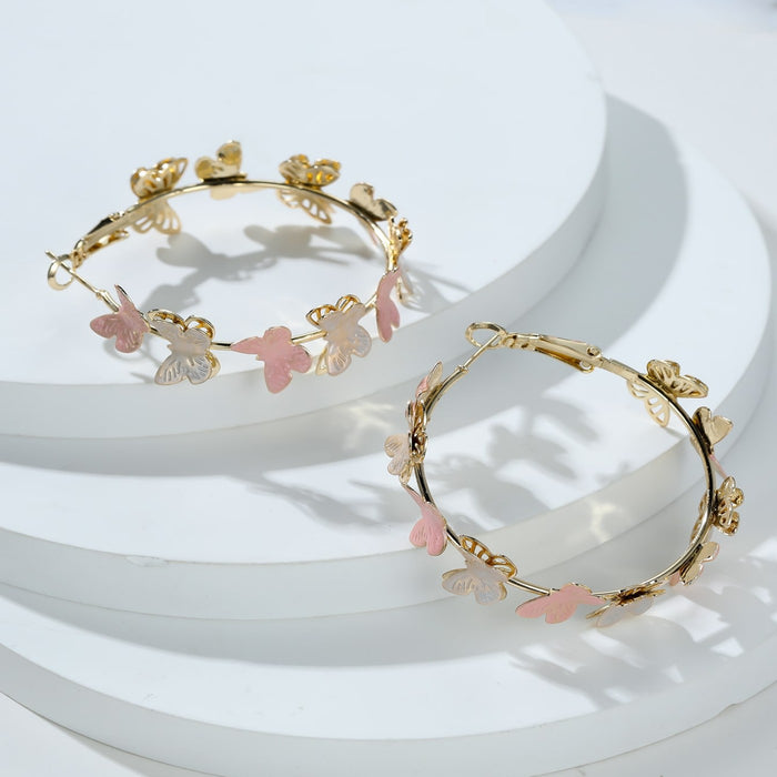 Wholesale Zinc Alloy Butterfly Hoop Earrings Pink Multi-Layer Hollow Design Jewelry Accessory MOQ≥2