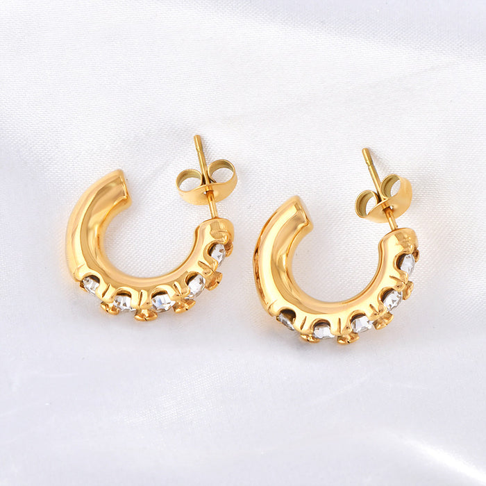 Wholesale Geometric titanium steel earrings,  18K gold stainless steel inlaid pearl C-shaped earrings.