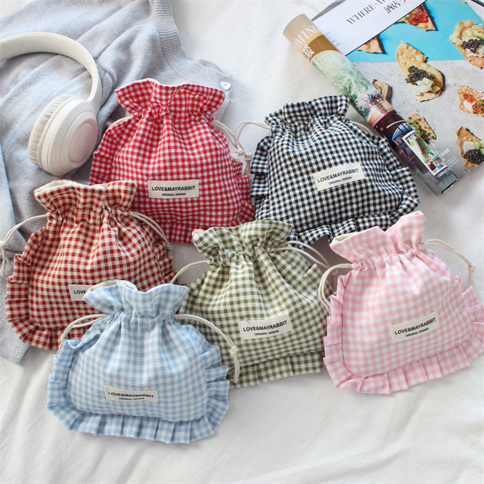 Wholesale Stylish Pink Plaid Drawstring Pouch With Lace Trim Multipurpose Travel Storage Bag For Makeup Brushes Fashion Accessory For Boutique Resale