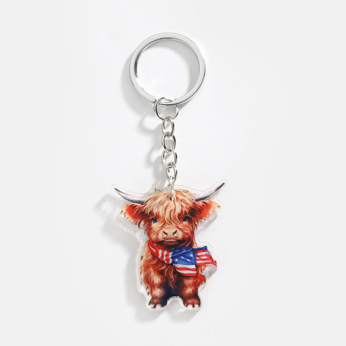 Wholesale 12PCS American Independence Day Acrylic Highland Cow Keychain JDC-KC-HuiWen008