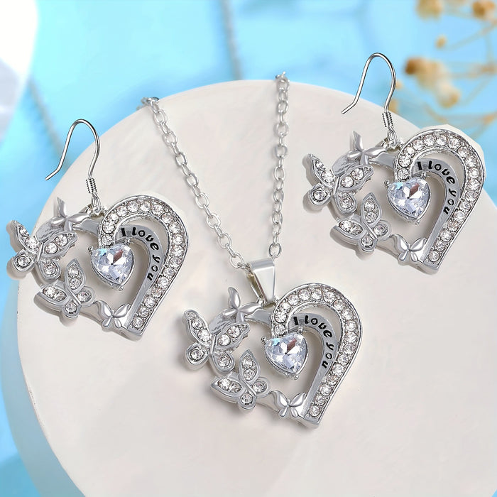 Wholesale " I love you"  heart-shaped butterfly micro-inlaid rhinestone alloy necklace