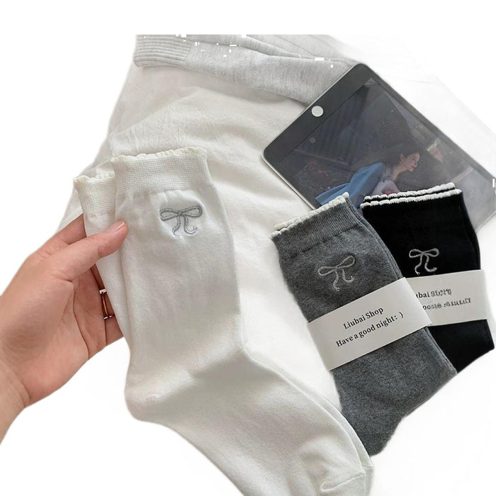 Wholesale Grey lace bow socks, pure cotton mid tube socks, slimming and stacking socks