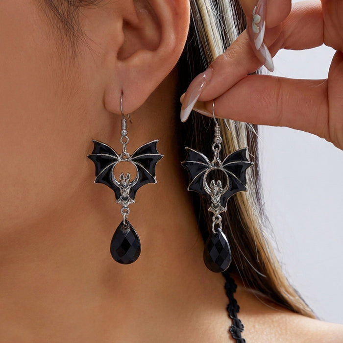 Wholesale Gothic Bat Wing Necklace and Earring Set Black Red Rhinestone Vintage Metal Chain