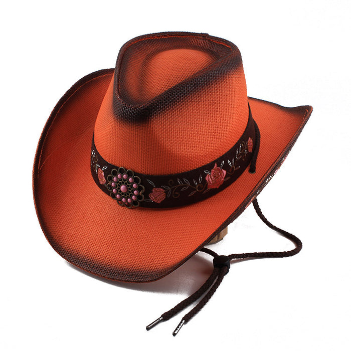 Wholesale Summer Straw Cowboy Hat Embroidery Breathable Sunshade JDC-FH-DG012