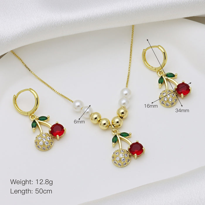 Wholesale Cherry Fruit with Color Zirconium Earrings Necklace Combination suit Copper Beads with Pearl