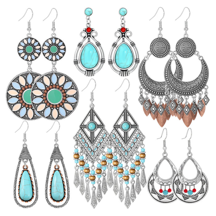 Wholesale Retro Palace Geometric Hollow Tassel Earrings Set Beaded Bohemian Style MOQ≥2