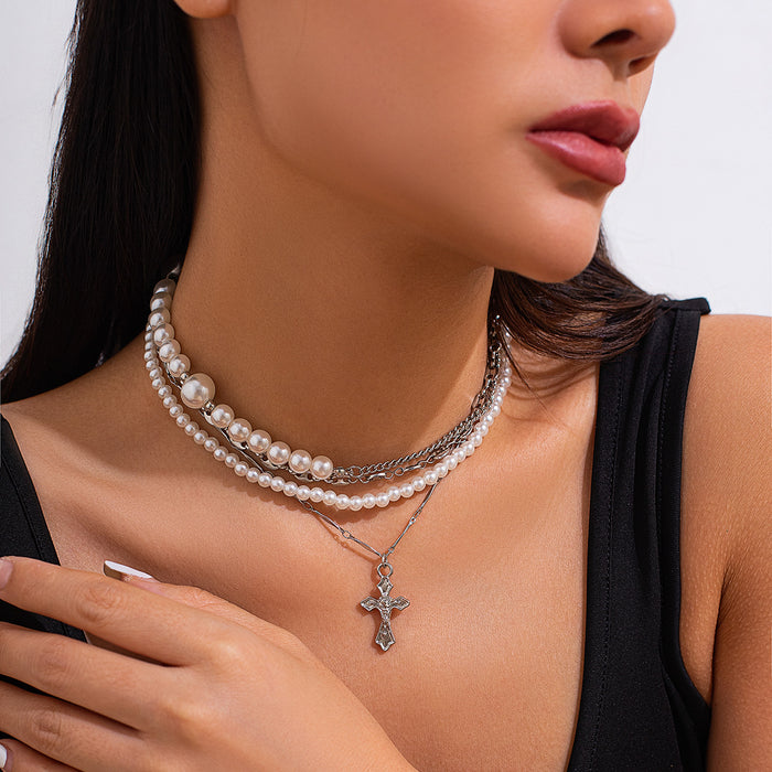 Wholesale Vintage multi-layer imitation pearl handmade necklace, personalized rivet pendant, accessory