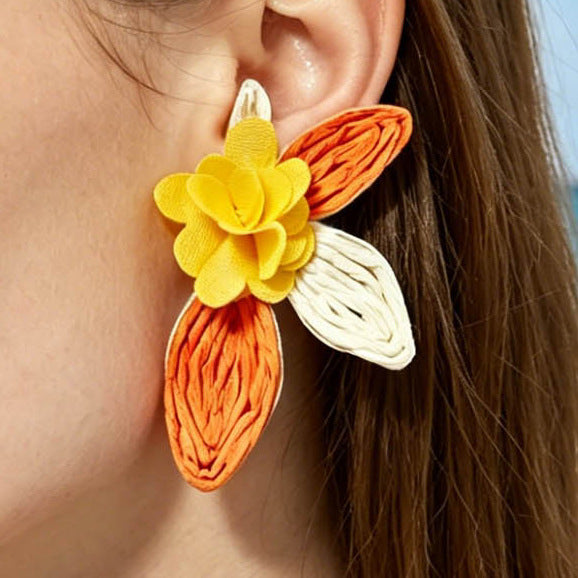 Wholesale Raffia Flower Earrings Summer Beach Style Fashion Accessory MOQ≥2