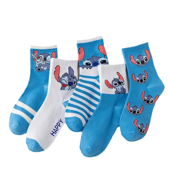 Wholesale Cute blue cartoon-print cotton-lined short striped socks for spring and autumn.