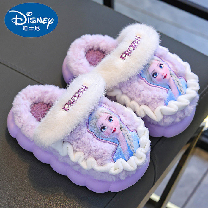 Wholesale Disney Winter Children's Cotton Slippers for Girls Princess Elsa Warm Plus Velvet Thick Bottom Home Girl Cotton Slippers JDC-SP-Langd004