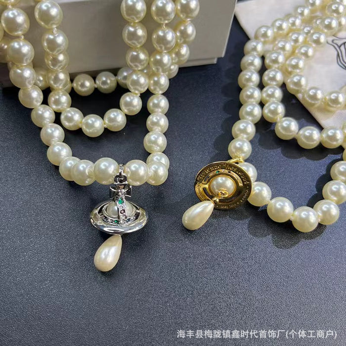 Wholesale Three layer three-dimensional water droplet collarbone chain with high-end feel, engraved and labeled necklace