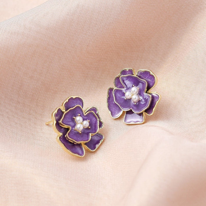 Wholesale New retro high-end pearl camellia earrings with drop glazed temperament earrings