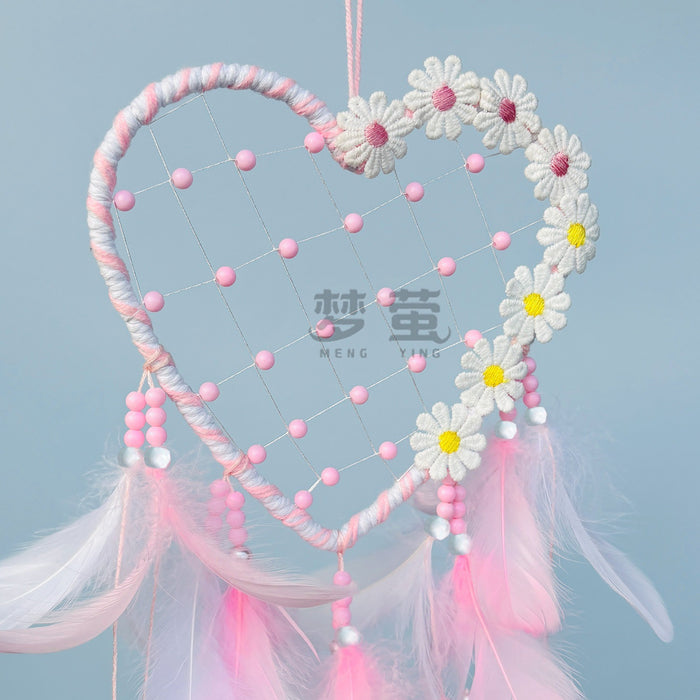 Wholesale Heart Feather Dream Catcher Wall Hanging Pink White Sweet Style Decorative Accent MOQ≥2