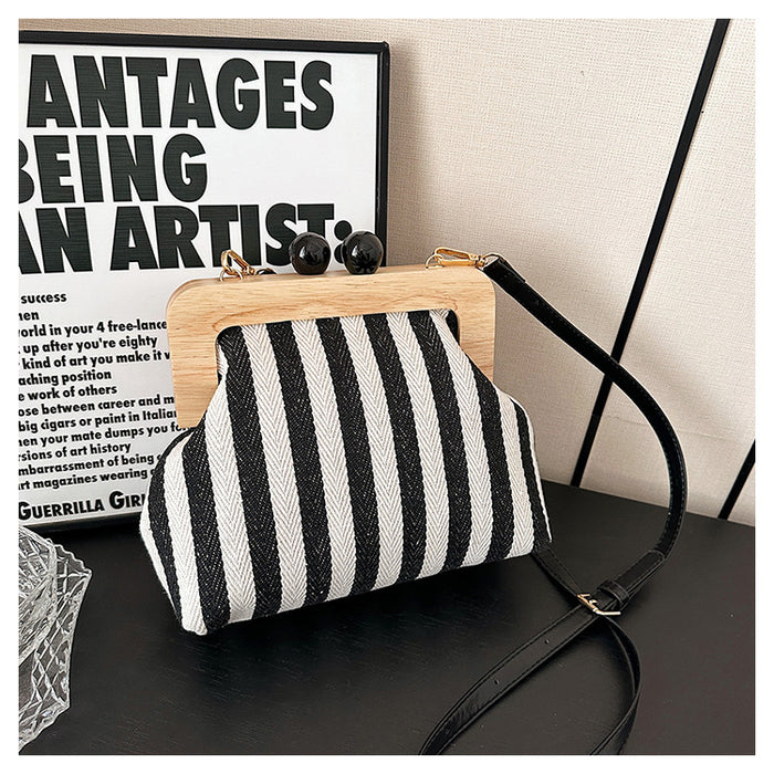 Wholesale Women' s striped canvas shoulder bag with wooden clasp