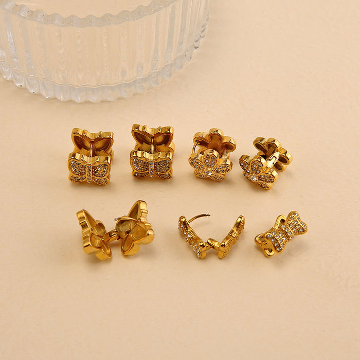 Wholesale Fashionable and personalized three-dimensional stainless steel butterfly earrings with diamond temperament, bow tie earrings, color preservation