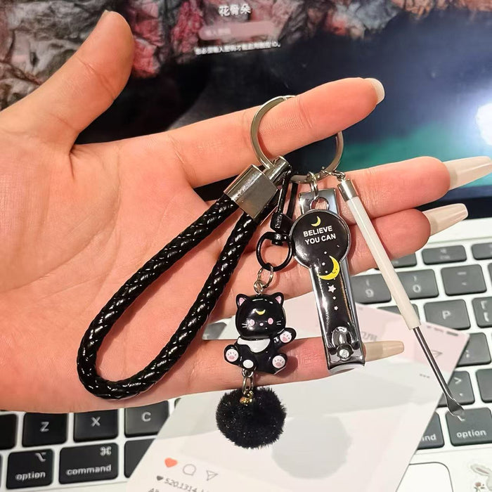 Wholesale Trendy Cute Cartoon Keychain Set Stainless Steel Ear Pick Nail Clipper Best Friend Couple Gift Bag Charm Accessory