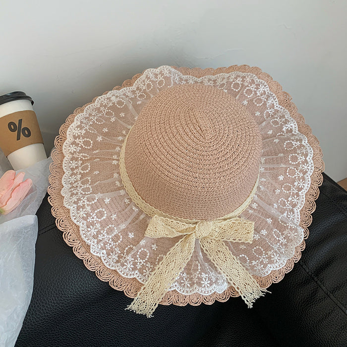 Wholesale Lace straw hat with large brim, outdoor UV resistant straw woven sun hat