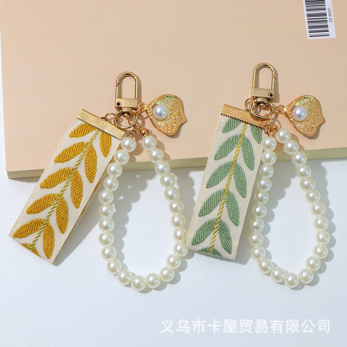 Wholesale Ribbon car alloy keychain pendant creative leaf striped pearl accessory bag decoration