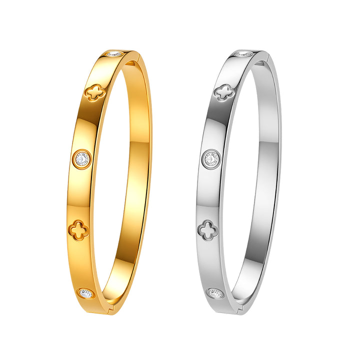 Wholesale Four-leaf Clover Rhinestone Stainless Steel Bracelet Women Daily Jewelry Accessory