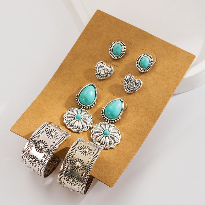 Wholesale 5 pairs of vintage turquoise flower heart geometric stud earrings