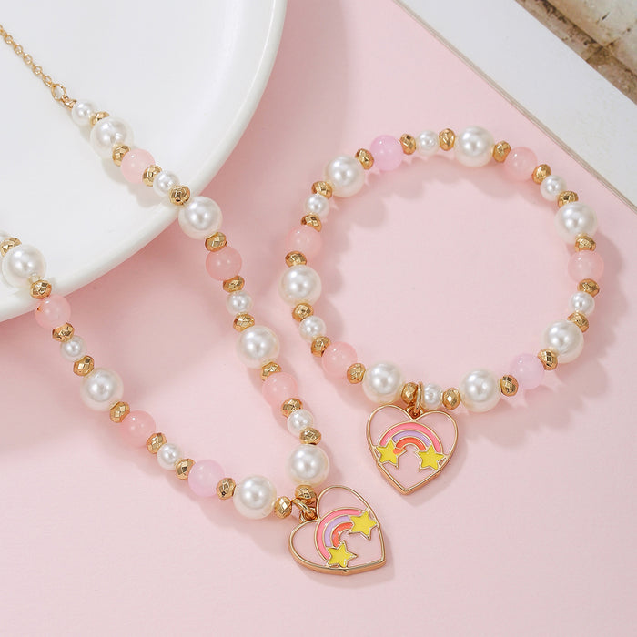 Wholesale Sweet pearl beaded necklace bracelet suit Heart pendant necklace jewelry
