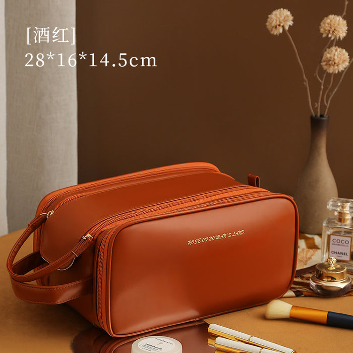 Wholesale PU Leather Large Capacity Double Zipper Cosmetic Bag Modern Minimalist Chic Travel Makeup Organizer