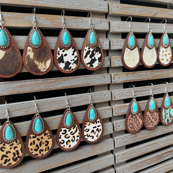 Wholesale Western genuine leather earrings classic horse hair leopard embossed cowhide water drop vintage earrings