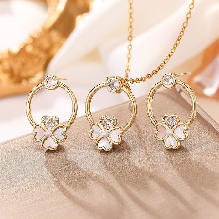 Wholesale Simple Copper Zircon Petal Necklace Earrings 2 Piece Set Simple Four-leaf Clover Shell suit