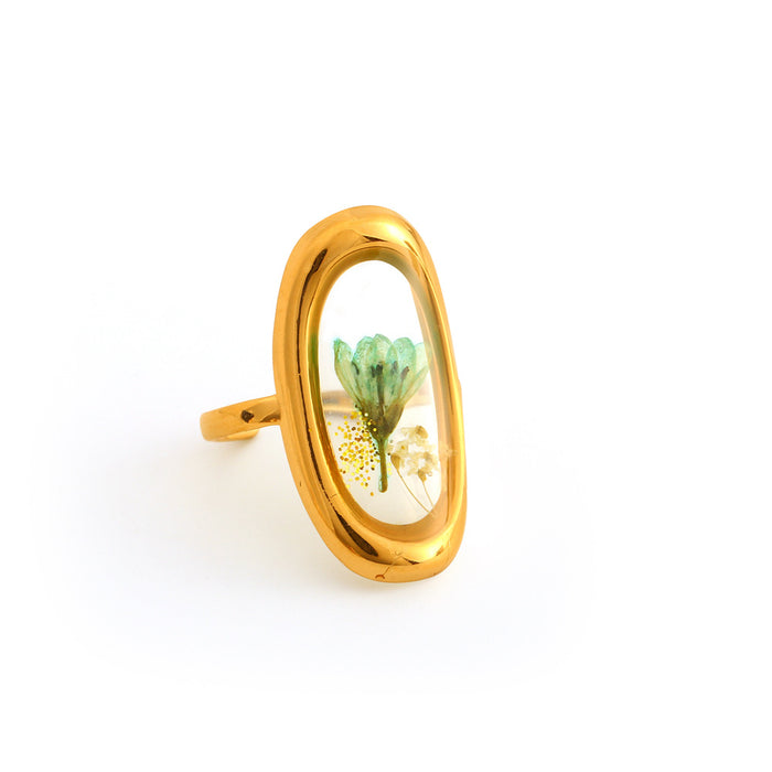 Wholesale Fashionable stainless steel dried flower ring with adjustable opening, retro style multi-color flower ring, color preservation wholesale