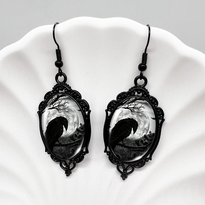 Wholesale  Black Crow Skull Oval Lace Earrings Witch Earrings Pumpkin Black Cat Moon Earrings