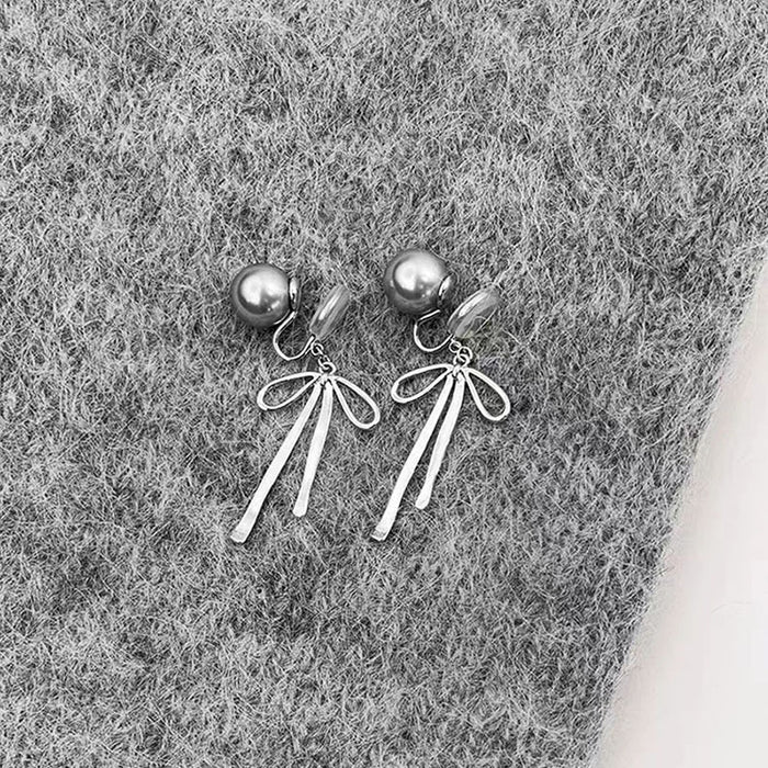 Wholesale  bowknot Gray Pearl long earrings  women one two-piece earrings without piercing  ear clip