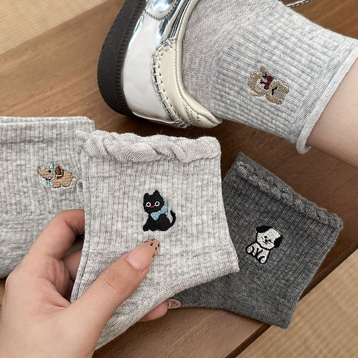 Wholesale Socks Children's Cotton Socks Cartoon Embroidery Lace Middle Sock Pattern Grey Sports Socks
