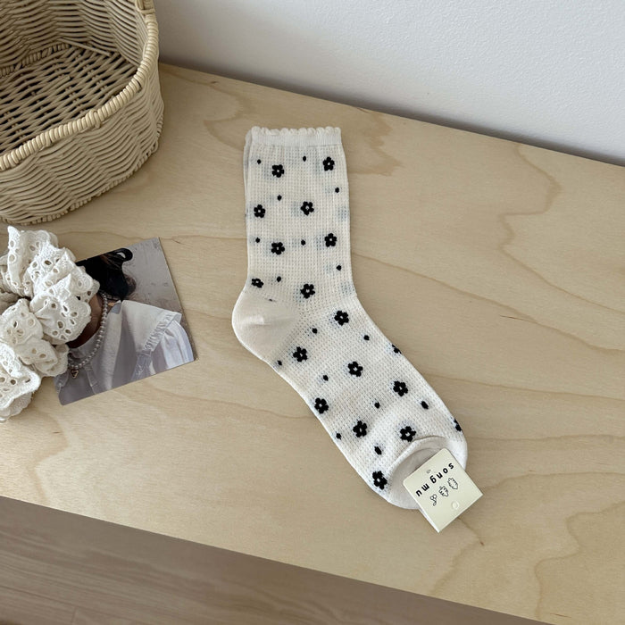 Wholesale Women's thin breathable socks with bow tie, mid tube socks, hollowed out lace socks