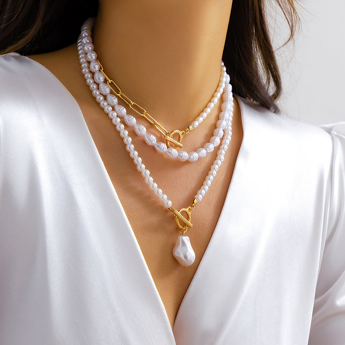 Wholesale Vintage imitation pearl pieced simple necklace with creative temperament, round bead chain layered necklace accessory