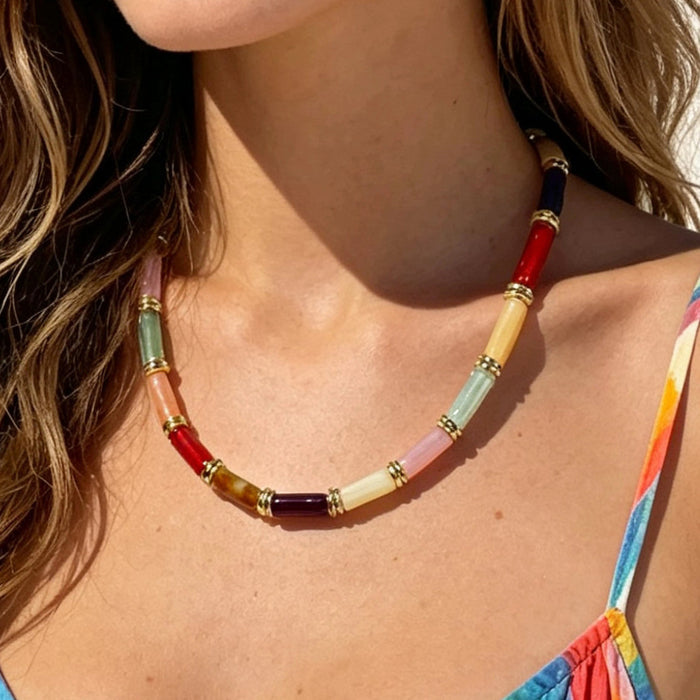 Wholesale Acrylic Bohemian Rainbow Beaded Chain Necklace Jewelry Accessory MOQ≥10