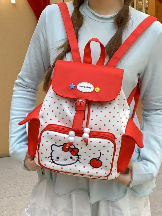 Wholesale Large capacity polka dot flap backpack with cute red kitten design