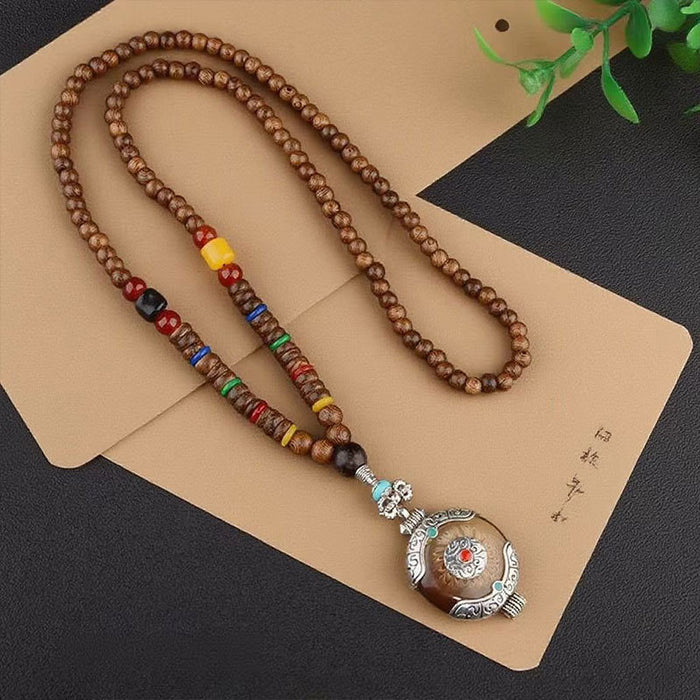 Wholesale Retro ethnic style long wooden sweater chain Bodhi pendant wooden bead necklace Tibetan cotton and linen pendant Buddhist beads necklace