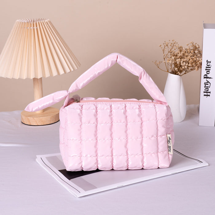 Wholesale Quilted Down Makeup Bag Small Pink Handbag Style Travel Cosmetic Pouch With Ins Style Multi Purpose Organizer