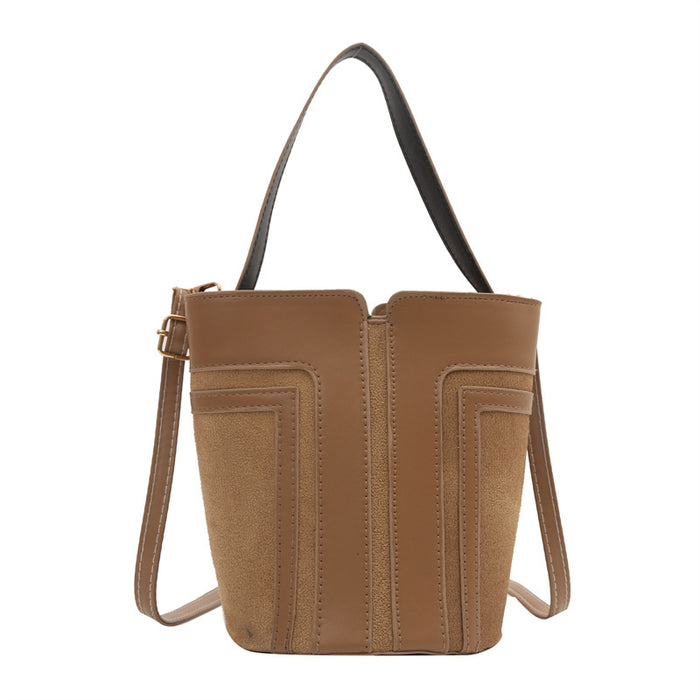 Wholesale Street Trend Khaki PU Bucket Small Spliced Bag - Fashion Accessory Gift